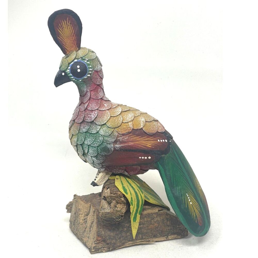 Vintage Folk Art Pheasant Bird Figurine Hand Carved Colorful Wood Statue 8"